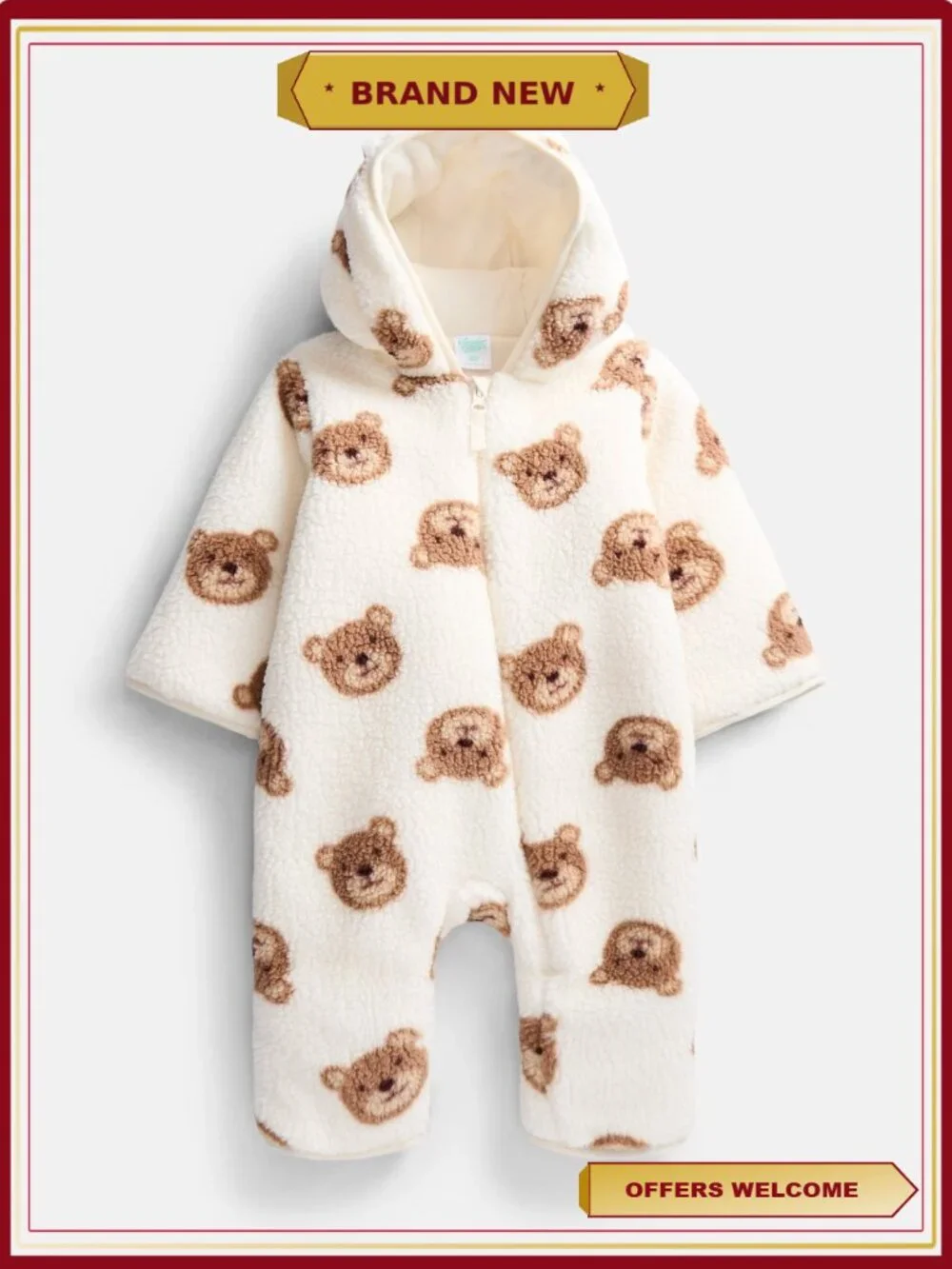 Baby Teddy Fleece Pram with Hood, 0-9M, Convertible Mittens & Booties